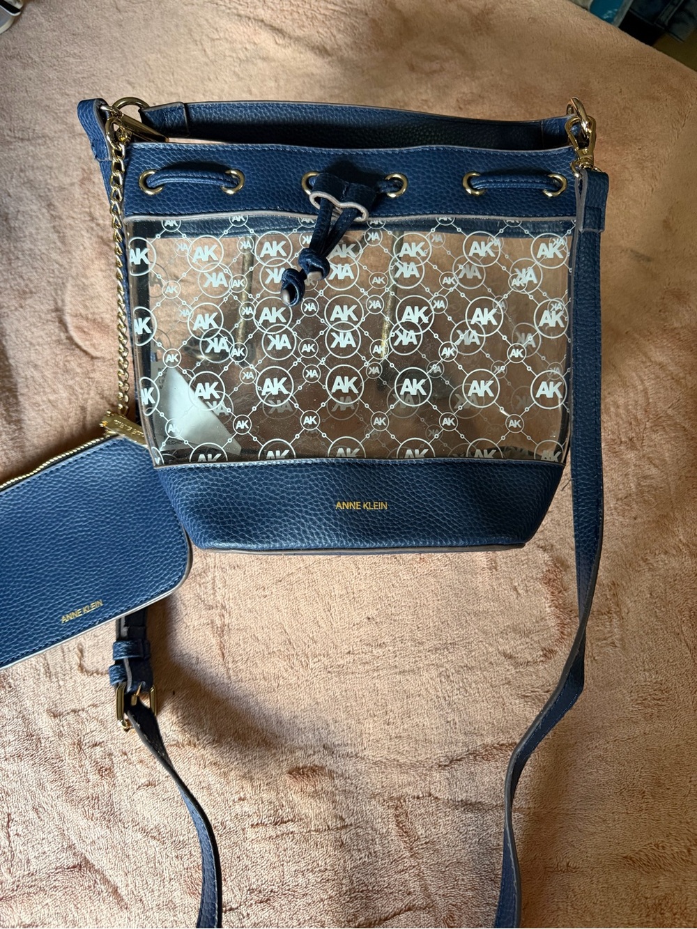 Anne Klein Navy Clear Logo Bucket Crossbody with Gold Hardware